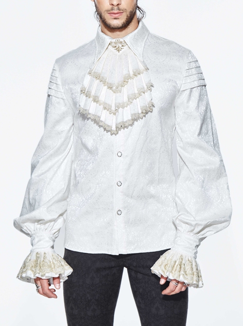 Gold Embroidered Bow Tie Jacquard Upper Arm Pleated Lace Cuff White Gothic Shirt