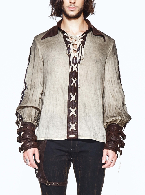 Vintage Lace-Up Collar Leather Hasp Cuff Cream-White Punk Shirt