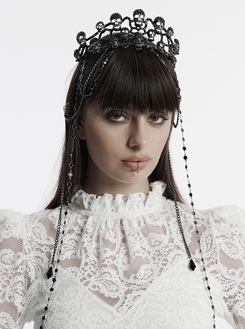 Black Personalized Alloy Glass Rhinestones With Skull Pattern Side Chain Design Punk Style Gorgeous Crown Headdress