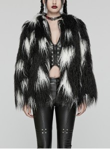 Soft Black And White Plush Loose Thick And Warm With Leopard Print Lining Punk Style Long Sleeved Coat