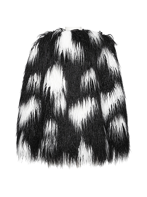 Soft Black And White Plush Loose Thick And Warm With Leopard Print Lining Punk Style Long Sleeved Coat