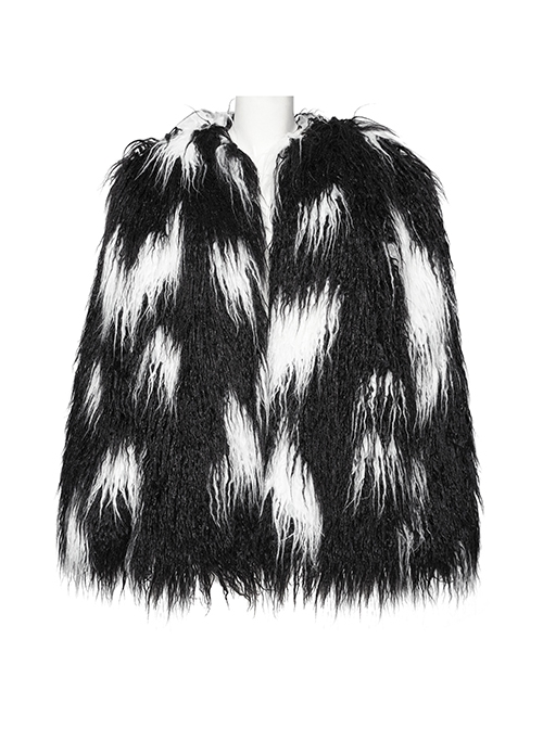Soft Black And White Plush Loose Thick And Warm With Leopard Print Lining Punk Style Long Sleeved Coat