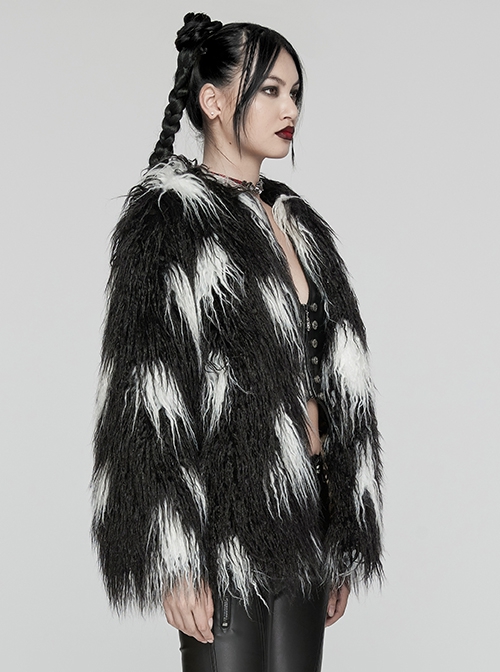 Soft Black And White Plush Loose Thick And Warm With Leopard Print Lining Punk Style Long Sleeved Coat