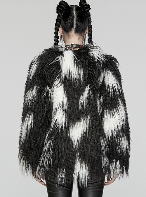 Soft Black And White Plush Loose Thick And Warm With Leopard Print Lining Punk Style Long Sleeved Coat
