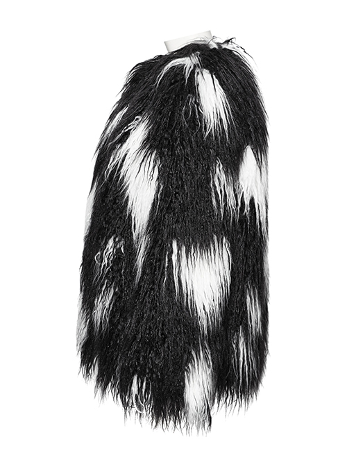 Soft Black And White Plush Loose Thick And Warm With Leopard Print Lining Punk Style Long Sleeved Coat