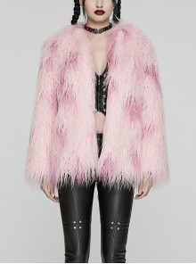 Soft Pink Plush Loose Thick And Warm With Leopard Print Lining Punk Style Long Sleeved Coat