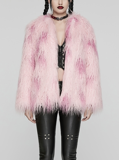 Soft Pink Plush Loose Thick And Warm With Leopard Print Lining Punk Style Long Sleeved Coat