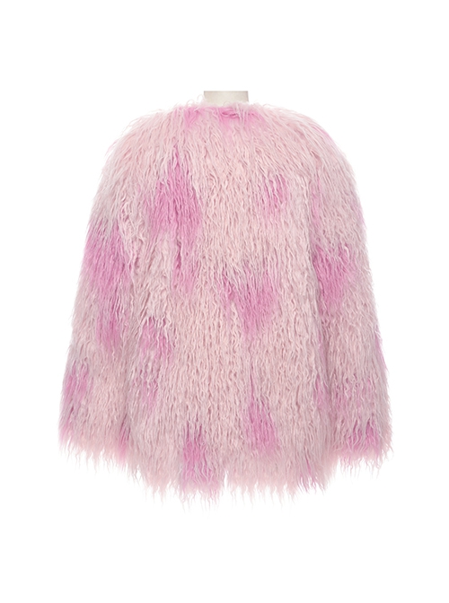 Soft Pink Plush Loose Thick And Warm With Leopard Print Lining Punk Style Long Sleeved Coat