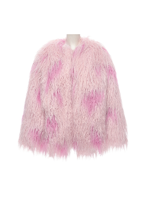 Soft Pink Plush Loose Thick And Warm With Leopard Print Lining Punk Style Long Sleeved Coat