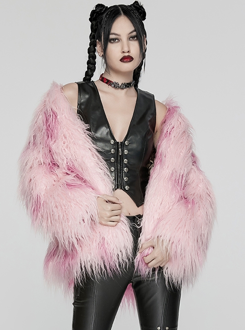 Soft Pink Plush Loose Thick And Warm With Leopard Print Lining Punk Style Long Sleeved Coat