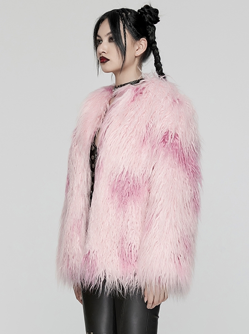 Soft Pink Plush Loose Thick And Warm With Leopard Print Lining Punk Style Long Sleeved Coat