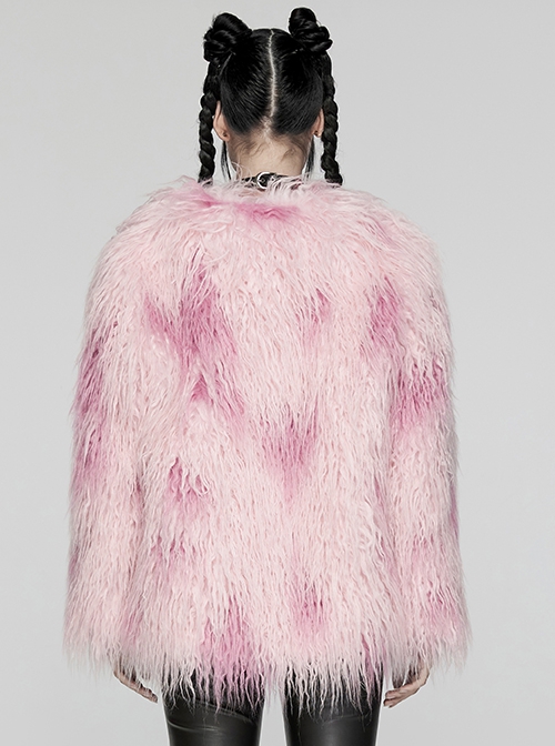 Soft Pink Plush Loose Thick And Warm With Leopard Print Lining Punk Style Long Sleeved Coat