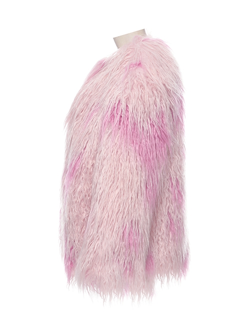 Soft Pink Plush Loose Thick And Warm With Leopard Print Lining Punk Style Long Sleeved Coat