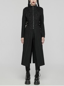 Black Stretch Denim Fabric Exquisite Carvings On The Shoulders And Hand Sewn Buttons Cross Chain Decoration In The Front Punk Style Long Coat