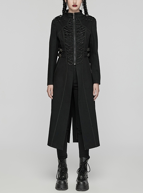 Black Stretch Denim Fabric Exquisite Carvings On The Shoulders And Hand Sewn Buttons Cross Chain Decoration In The Front Punk Style Long Coat