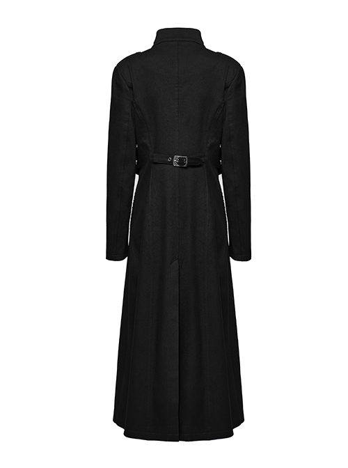Black Stretch Denim Fabric Exquisite Carvings On The Shoulders And Hand Sewn Buttons Cross Chain Decoration In The Front Punk Style Long Coat