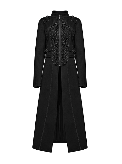 Black Stretch Denim Fabric Exquisite Carvings On The Shoulders And Hand Sewn Buttons Cross Chain Decoration In The Front Punk Style Long Coat