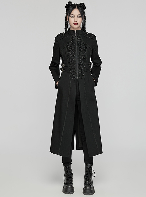 Black Stretch Denim Fabric Exquisite Carvings On The Shoulders And Hand Sewn Buttons Cross Chain Decoration In The Front Punk Style Long Coat