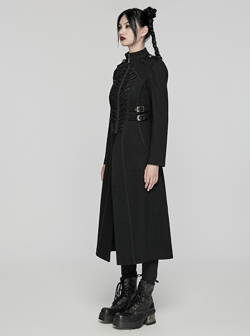 Black Stretch Denim Fabric Exquisite Carvings On The Shoulders And Hand Sewn Buttons Cross Chain Decoration In The Front Punk Style Long Coat