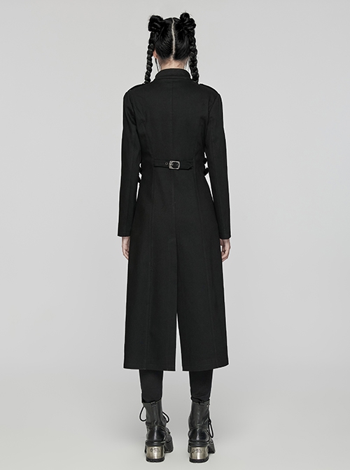 Black Stretch Denim Fabric Exquisite Carvings On The Shoulders And Hand Sewn Buttons Cross Chain Decoration In The Front Punk Style Long Coat