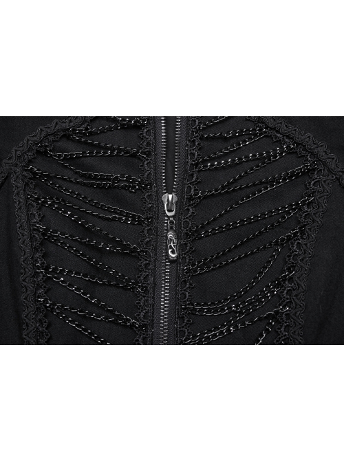 Black Stretch Denim Fabric Exquisite Carvings On The Shoulders And Hand Sewn Buttons Cross Chain Decoration In The Front Punk Style Long Coat