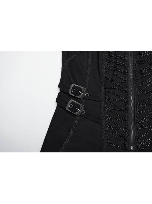 Black Stretch Denim Fabric Exquisite Carvings On The Shoulders And Hand Sewn Buttons Cross Chain Decoration In The Front Punk Style Long Coat