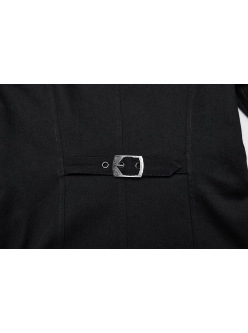 Black Stretch Denim Fabric Exquisite Carvings On The Shoulders And Hand Sewn Buttons Cross Chain Decoration In The Front Punk Style Long Coat