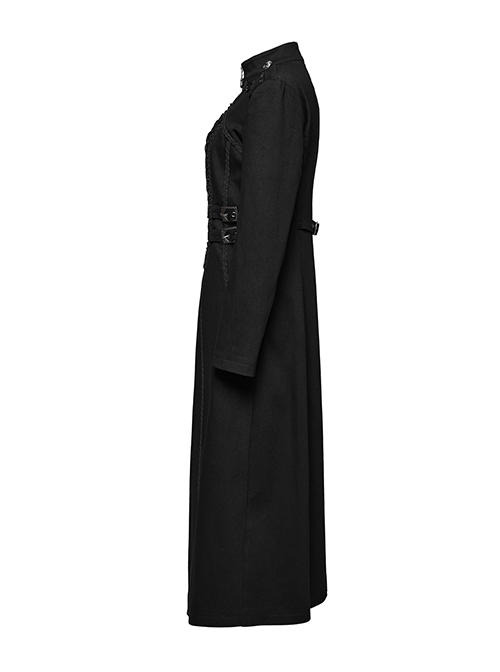 Black Stretch Denim Fabric Exquisite Carvings On The Shoulders And Hand Sewn Buttons Cross Chain Decoration In The Front Punk Style Long Coat