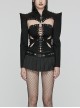 Handsome Black Elastic Hard Leather Shoulder Eyelets And Rivets Embellished With Arc Shaped Punk Style Super Short Coat