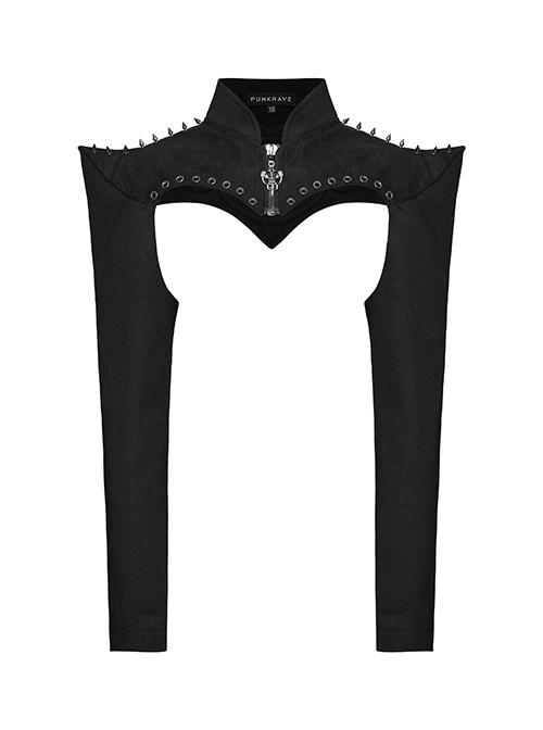 Handsome Black Elastic Hard Leather Shoulder Eyelets And Rivets Embellished With Arc Shaped Punk Style Super Short Coat