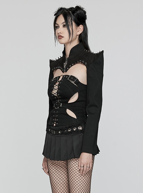 Handsome Black Elastic Hard Leather Shoulder Eyelets And Rivets Embellished With Arc Shaped Punk Style Super Short Coat