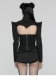 Handsome Black Elastic Hard Leather Shoulder Eyelets And Rivets Embellished With Arc Shaped Punk Style Super Short Coat