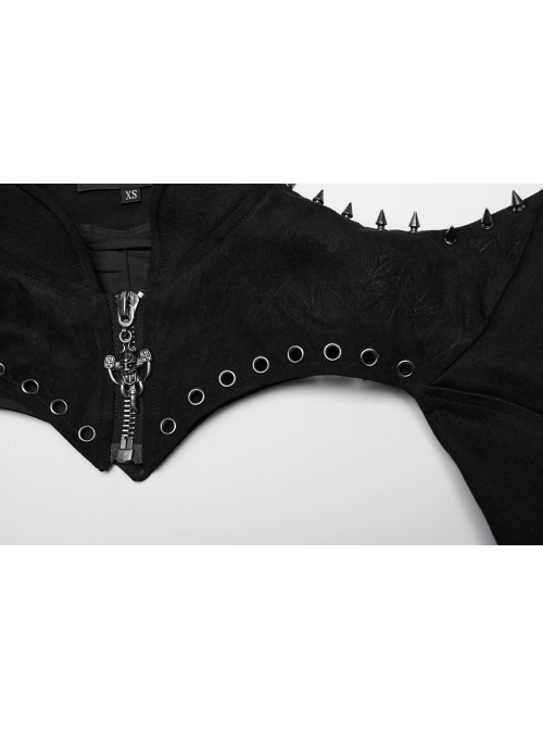 Handsome Black Elastic Hard Leather Shoulder Eyelets And Rivets Embellished With Arc Shaped Punk Style Super Short Coat