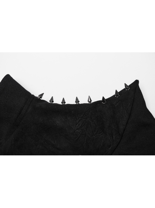 Handsome Black Elastic Hard Leather Shoulder Eyelets And Rivets Embellished With Arc Shaped Punk Style Super Short Coat