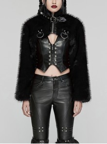 Black Personalized Imitation Silver Fox Fur Front Patent Leather Functional Zipper Decoration Punk Style Rivet Short Fur Coat
