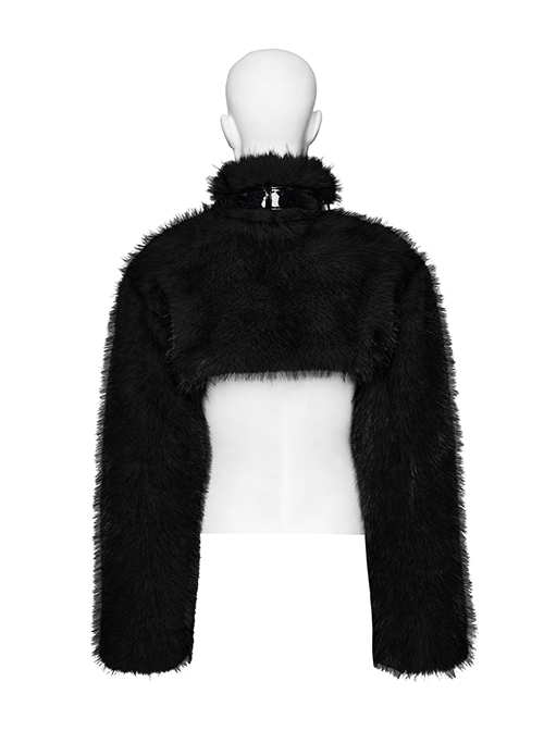 Black Personalized Imitation Silver Fox Fur Front Patent Leather Functional Zipper Decoration Punk Style Rivet Short Fur Coat