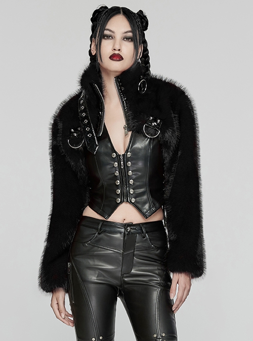 Black Personalized Imitation Silver Fox Fur Front Patent Leather Functional Zipper Decoration Punk Style Rivet Short Fur Coat