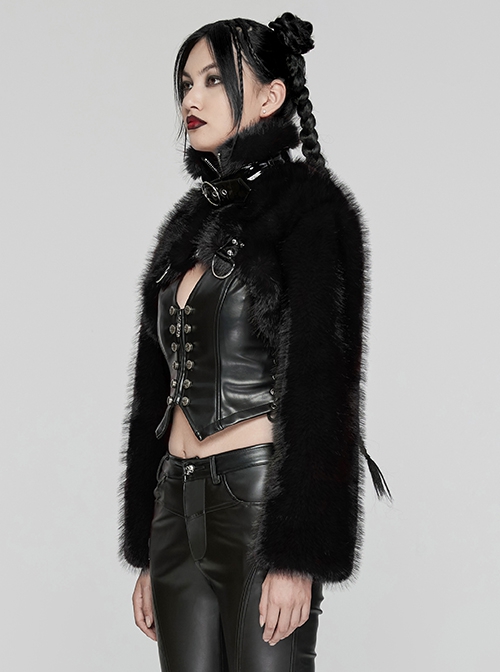 Black Personalized Imitation Silver Fox Fur Front Patent Leather Functional Zipper Decoration Punk Style Rivet Short Fur Coat