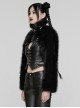 Black Personalized Imitation Silver Fox Fur Front Patent Leather Functional Zipper Decoration Punk Style Rivet Short Fur Coat