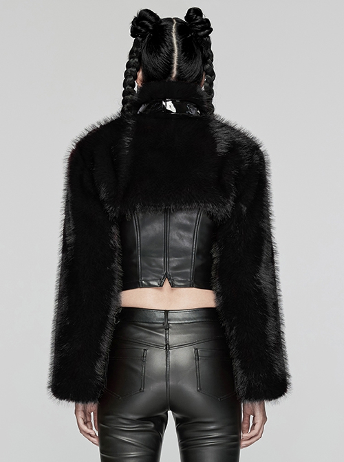 Black Personalized Imitation Silver Fox Fur Front Patent Leather Functional Zipper Decoration Punk Style Rivet Short Fur Coat