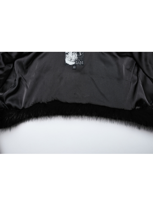 Black Personalized Imitation Silver Fox Fur Front Patent Leather Functional Zipper Decoration Punk Style Rivet Short Fur Coat