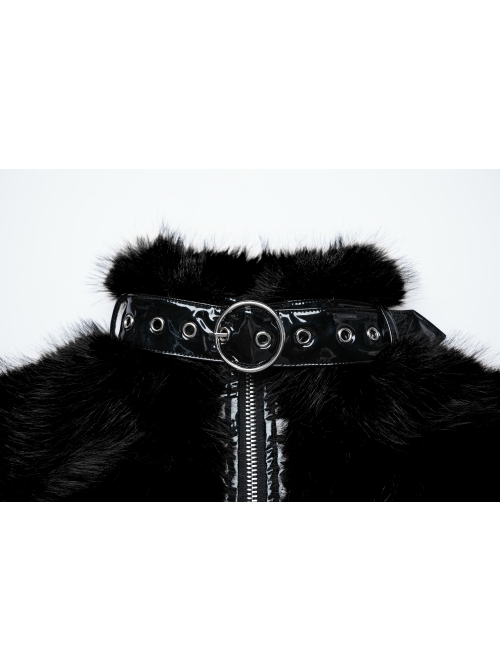 Black Personalized Imitation Silver Fox Fur Front Patent Leather Functional Zipper Decoration Punk Style Rivet Short Fur Coat