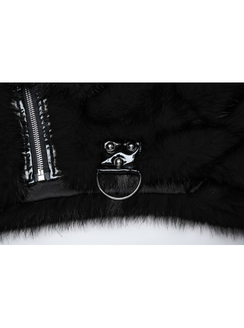 Black Personalized Imitation Silver Fox Fur Front Patent Leather Functional Zipper Decoration Punk Style Rivet Short Fur Coat