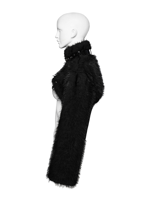 Black Personalized Imitation Silver Fox Fur Front Patent Leather Functional Zipper Decoration Punk Style Rivet Short Fur Coat