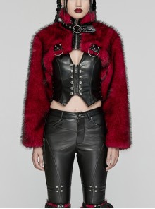 Black And Red Personalized Imitation Silver Fox Fur Front Patent Leather Functional Zipper Decoration Punk Style Rivet Short Fur Coat