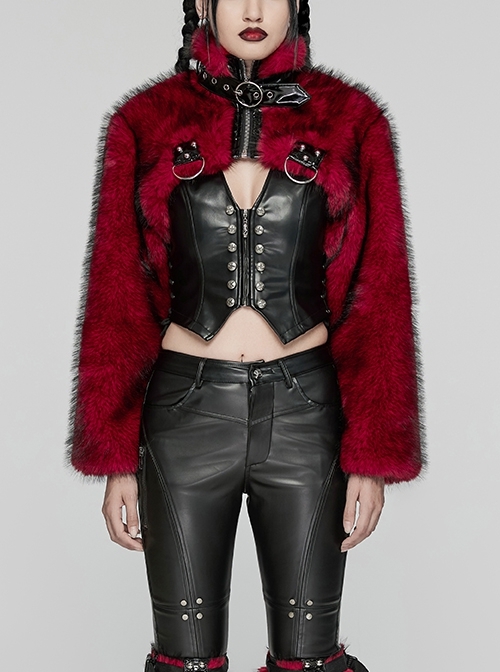 Black And Red Personalized Imitation Silver Fox Fur Front Patent Leather Functional Zipper Decoration Punk Style Rivet Short Fur Coat
