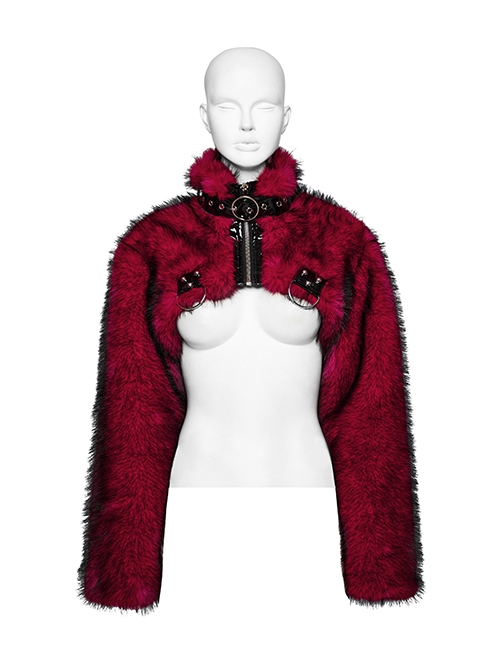 Black And Red Personalized Imitation Silver Fox Fur Front Patent Leather Functional Zipper Decoration Punk Style Rivet Short Fur Coat