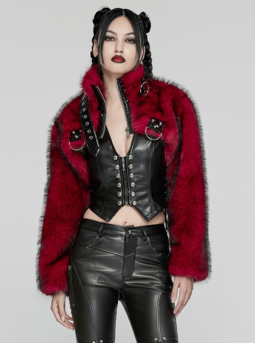 Black And Red Personalized Imitation Silver Fox Fur Front Patent Leather Functional Zipper Decoration Punk Style Rivet Short Fur Coat