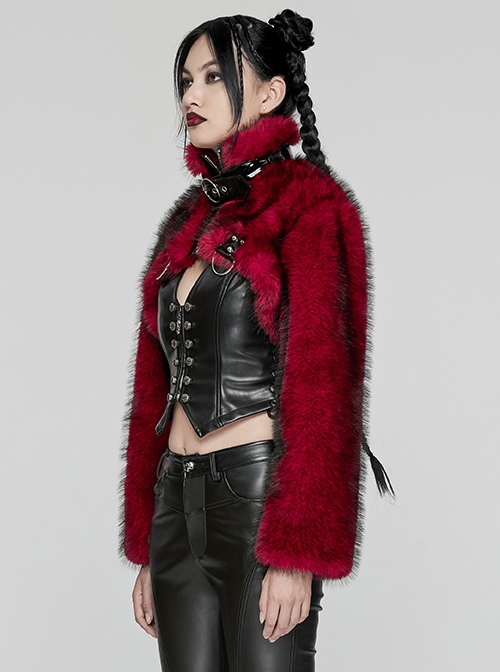 Black And Red Personalized Imitation Silver Fox Fur Front Patent Leather Functional Zipper Decoration Punk Style Rivet Short Fur Coat