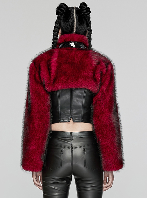 Black And Red Personalized Imitation Silver Fox Fur Front Patent Leather Functional Zipper Decoration Punk Style Rivet Short Fur Coat